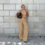 2025 Spring And Summer Design Sense Green Sleeveless Neck Vest Broad Foot Pants Two Sets Of Fashion Set Commuting Woman 68HZ