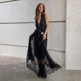 2025 Sexy Black Lace Temperament Dress With Sexy V-Neck Loose-Back Women's Dress 68HZ