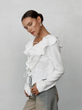 Autumn New Fashion White Cunt Casual Lotus Side Sexy Temperament With Long-Sleeved Ladies Shirt 68HZ
