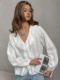 French White Jabs Pure Cotton Leaves Edge V-Neck Shirt 2025 Summer Fashion New Top Woman 68HZ