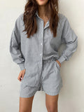 2025 New Blue Striped Cotton Clip Shirt Long Sleeve Hot Pants Set Summer Fashion Women's 68HZ
