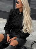 New Street Shooting Black Cotton Blisters Long Sleeves Long-Sleeved Umbilly Tops Women's Commuter Shirt 68HZ