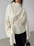 French Small Stand-Up Chiffon Sleeve 100-Fold Open Fork Shirt 2025 Spring New Fashion Top 68HZ