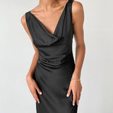 2025 Summer New Dress Ice Silk Dress Temperament Small Black Dress Inside The Sexy Bare Back Dress 68HZ