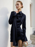 Autumn And Winter New Irregular Tibetan Blue Long-Sleeved Dress Women's High-Grade Three-Dimensional Cut Slimming Bag-Butt Skirt 68HZ