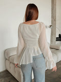 2025 Women's New Style Elegant Long-Sleeved Lotus Leafy Chiffon Autumn Irregular Top 68HZ