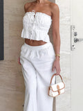 2025 Summer Cotton High-End Wood Ear Drawstring Wrinkle Vest Sling Broad Leg Pants Two Sets 68HZ
