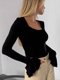 2025 New Early Autumn U Collar Lotus Side Long Sleeve Design Feel T-Shirt Knitted Bottom Top 68HZ