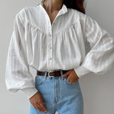 2025 Autumn Dress Simple Elegant French Cotton Collar Shirt Women Loose White Bottom Bubble Sleeve Shirt 68HZ