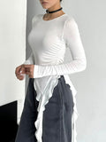 2025 Spring And Summer Irregular Sexy Design White Knitted Round Collar Slimming Women's T-Shirt 68HZ