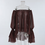 Autumn And Winter Fashion Retro Temperament Collar Brown Chiffon Loose Sexy Side-Leaf Shirt 68HZ