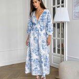Autumn Fashion Temperament V Collar Lantern Sleeves With Dress Cotton Linen Dress 68HZ