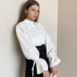 2025 Women's Long-Sleeved White Shirt Collar Temperament Commuter Bow Design Sense French Shirt 68HZ