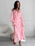 Gentle Wind Pink Temperament Lotus Leaf Side V Collar Sleeve Fishtail Dress Autumn Lace Long Skirt 68HZ