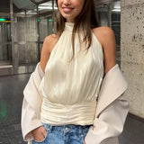 2026 Spring New Gold And Silver Silk Hanging Neck Small Vest Women's Fashion Sexy Waist Irregular Bottoming Top 68HZ