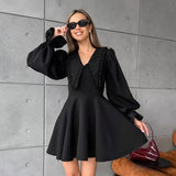 Spring 2025 Black Design Doll Collar Horn Sleeve French Long-Sleeved Dress Dress Dress Dress Dress Women 68HZ