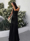 2025 Summer Fashion High-End Sleeveless Black Languid Temperament Round Collar Dress French Mesh Splicing Long Dress 68HZ