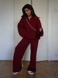 Anzola Red Wool Woven Suit Women In Autumn And Winter Inside And Outside Wearing A Solid Half-Zip Sweater Straight Trousers Two Sets Of Women 68HZ