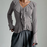Knitting Body V Collar Lotus Leaf Side Design T-Shirt Commuting Women's Clothing 2025 Autumn And Winter New 68HZ