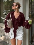 Autumn Women's Design Feel The Leaves Edge V Collar Long Sleeve Tie With Fashion French Shirt Woman 68HZ