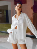 Sexy Design With A Sense Of Cotton White Fashion Long-Sleeved Shorts Set Summer Women's Clothing 68HZ
