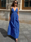 French Holiday Style Blue Cotton-Cotton V-Necked Ribbon Ribbon Dress 2025 New Long Dress 68HZ