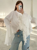 White Chiffon Design Round Collar Horn Sleeve Lotus Leaf Side Women's Shirt 2025 Spring And Summer New Fashion Woman 68HZ