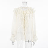 Summer Languid Rice-Colored Round Collar Loose Sexy Lace With Lotus Leaf Blouse French Commuting Simple Shirt Woman 68HZ