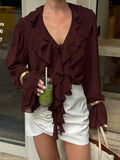 Autumn Women's Design Feel The Leaves Edge V Collar Long Sleeve Tie With Fashion French Shirt Woman 68HZ