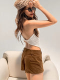 2025 New Women's Retro Autumn And Winter Velvet Velvet Invisible Hook Buckle Slim Thin Senior Sense Shorts 68HZ
