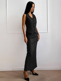 Temperament Black Mystery V-Neck Sleeveless Vest Long Open Skirt Set Summer Sexy Casual Commuter Women's Clothing 68HZ
