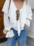 Autumn Texture V Collared Horn Horn Sleeve Shirt Female White Chiffon 68HZ