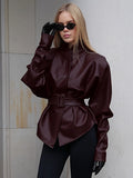 Vintage Wine Red Autumn And Winter Leather Coat Female Senior Feeling Long Sleeves Up Her Belt To Collect Waist Thin Leather Jacket 68HZ