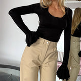 2025 New Early Autumn U Collar Lotus Side Long Sleeve Design Feel T-Shirt Knitted Bottom Top 68HZ