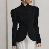 French Elegant Retro Collar Black Small Suit Autumn And Winter Temperament Elegant Commute Bubble Sleeve Small Fragrant Coat Woman 68HZ