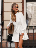 Spring 2025 New Cotton Straight Collar Lantern Sleeve Fashion Lotus Leaf Side White Dress With Short Skirt 68HZ