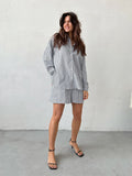 2025 New Blue Striped Cotton Clip Shirt Long Sleeve Hot Pants Set Summer Fashion Women's 68HZ