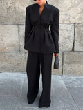 Black High-End Long-Sleeved V-Neck Folded Waist Blazer Trousers Two-Set Autumn Women's Suit Suit 68HZ