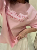 Simple Letter Print T-Shirt Girl Falls On The Shoulder Of Summer Cute Pink Loose Basic Collar Short Sleeve 68HZ
