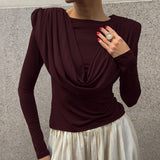 Folded Waist Swing Long-Sleeved T-Shirt Women's Senior Sense 2025 Autumn And Winter Beauty Bottom Top 68HZ
