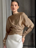Autumn 2025 New Women's Color-Buttoned Denswear Simulation Silk Elegant Long-Sleeved Top Irregular Wrinkled Shirt 68HZ