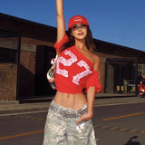 Street Wind 2025 Summer New Fashion Letter Print Sexy Loose Lavel T-Shirt 68HZ
