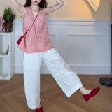 Temperament White Polo Collar Shirt Top Slack Feel Set Women's Summer Fashion Casual Broad-Legged Pants Two-Piece 68HZ