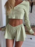 2025 New Casual Home Set Women's High-End Spring And Autumn Solid Color Long-Sleeved Open Shirt Shorts Gray Two-Piece Set 68HZ