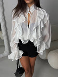 Women's Clothing With Horn Sleeve Tops Women's Spring Design Feel Leaves Edge V-Neck Solid Color Shirt 68HZ