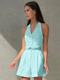 Spring And Summer New Commuting Style Sleeveless V-Neck Hanging Neck Hot Pants Set 2025 Fashion Two Sets 68HZ