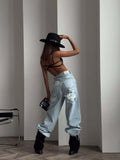Hottie Bleeves With Broken Jeans Ladies Spring And Summer Vintage Light Blue Straight Drag Broad Legs Girl 68HZ