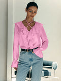 French New Lotus Leaf Side Solid Color V-Neck Bubble Sleeve Shirt 2025 Spring And Autumn Small Design Feeling 68HZ