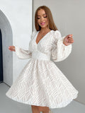 2025 Spring Temperament White Hollow Flower Lantern Sleeve Dress Women Fashion Waist A Skirt Short 68HZ