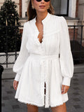 Spring 2025 New Cotton Straight Collar Lantern Sleeve Fashion Lotus Leaf Side White Dress With Short Skirt 68HZ